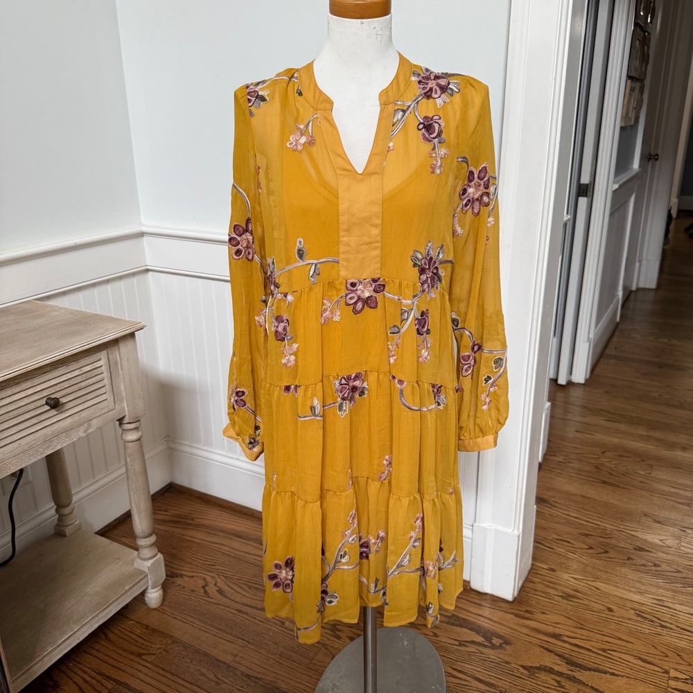 FIGUEROA & FLOWER Mustard Yellow Embroidered Tiered Boho Midi Dress Size L